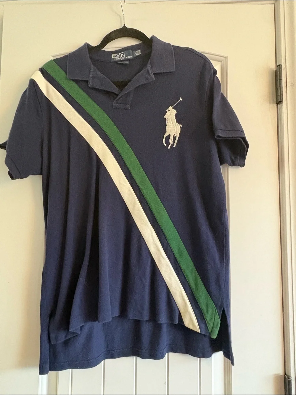 Navy Polo with Green & White Diagonal Stripes